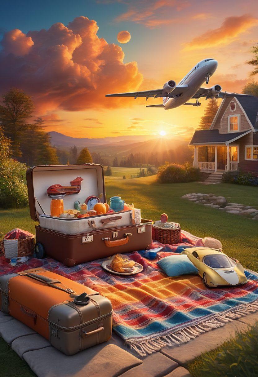 A cozy home surrounded by travel-related icons like a suitcase, airplane, and globe, symbolizing various aspects of insurance coverage. In the foreground, a small family enjoying a picnic, depicting protection and care in daily life. The background features a vibrant sky transitioning from day to night, signifying life's journey. Keywords: family, home, travel, protection. vibrant colors. 3D.