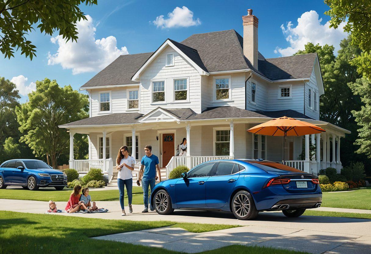 A dynamic composition featuring a sleek car transitioning into various life scenarios like a family enjoying a picnic, a person under a protective umbrella, and a home showcasing security measures. Incorporate elements representing different insurance types like health, auto, and home in a flowing manner. Use warm, inviting colors to evoke a sense of security and protection. super-realistic. vibrant colors. white background.