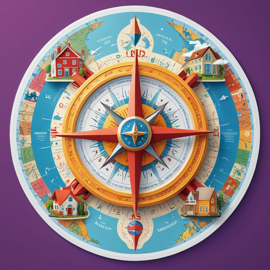 An intricately designed compass surrounded by various icons representing different types of insurance, such as home, health, auto, and travel, set against a world map backdrop to symbolize global reach. The compass should be the focal point, with vibrant colors highlighting the icons and map. The overall impression should convey guidance and security in navigating insurance options. vibrant colors. vector art. 